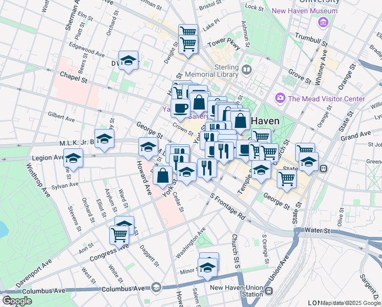 map of restaurants, bars, coffee shops, grocery stores, and more near 92 York St in New Haven