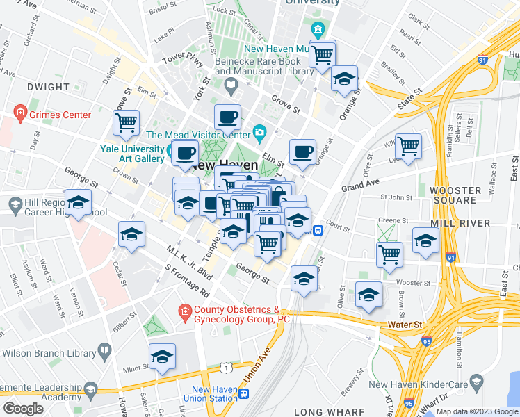 map of restaurants, bars, coffee shops, grocery stores, and more near Church Street in New Haven