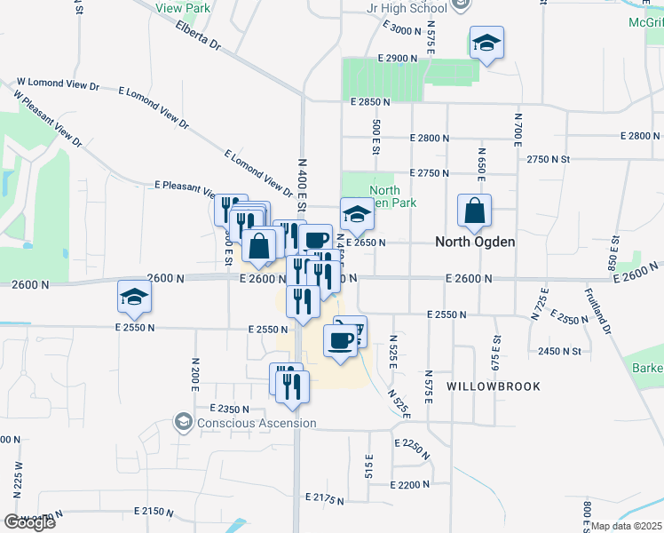 map of restaurants, bars, coffee shops, grocery stores, and more near 2572 North Washington Boulevard in North Ogden