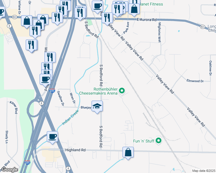 map of restaurants, bars, coffee shops, grocery stores, and more near 8199 South Bedford Road in Macedonia