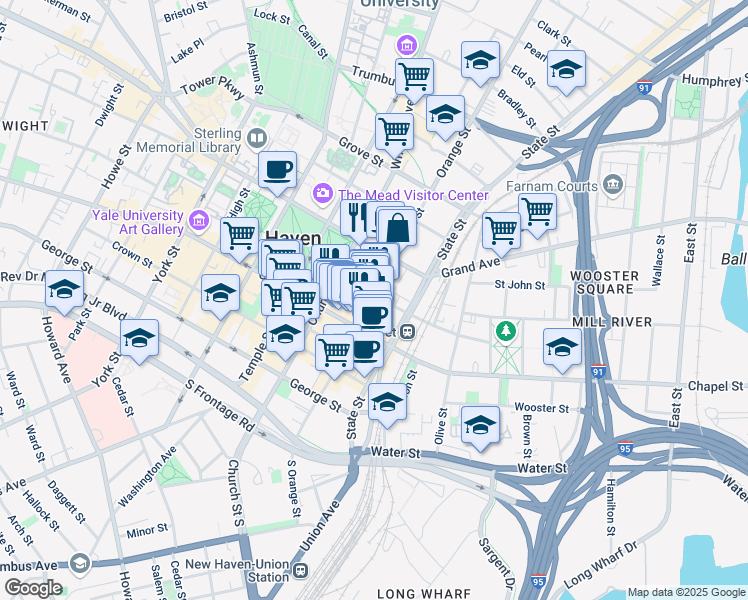 map of restaurants, bars, coffee shops, grocery stores, and more near 165 Church Street in New Haven