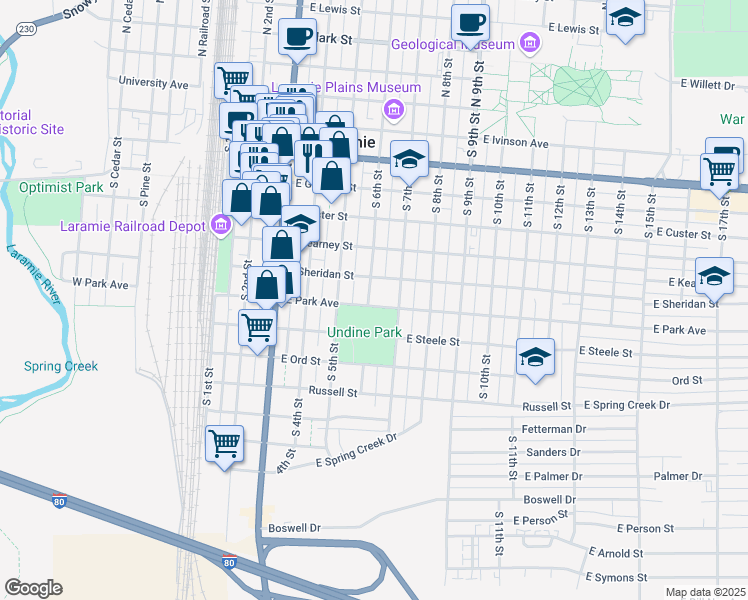 map of restaurants, bars, coffee shops, grocery stores, and more near 601-699 East Sheridan Street in Laramie