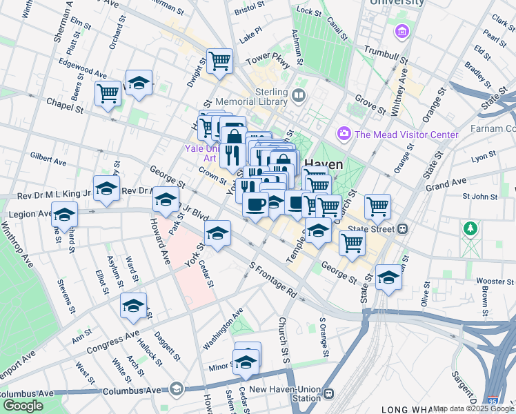 map of restaurants, bars, coffee shops, grocery stores, and more near 274 Crown Street in New Haven