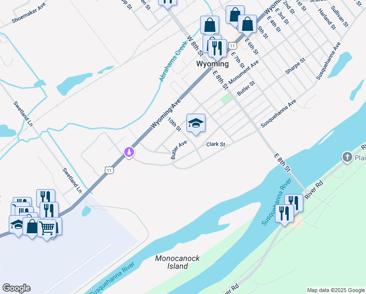 map of restaurants, bars, coffee shops, grocery stores, and more near 521 Butler Street in Wyoming