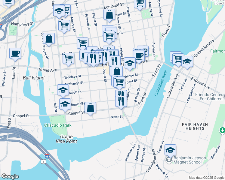 map of restaurants, bars, coffee shops, grocery stores, and more near 22 Wolcott Street in New Haven