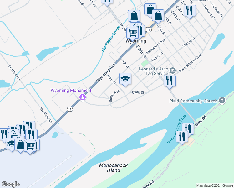 map of restaurants, bars, coffee shops, grocery stores, and more near 521 Butler Street in Wyoming