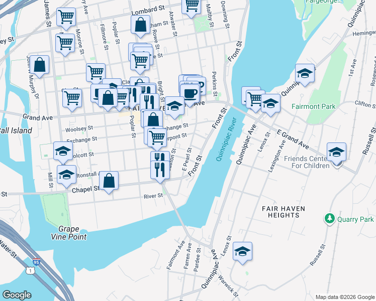 map of restaurants, bars, coffee shops, grocery stores, and more near 40 Pierpont Street in New Haven