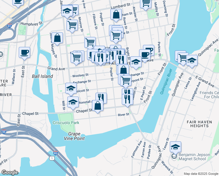map of restaurants, bars, coffee shops, grocery stores, and more near 188 Poplar Street in New Haven
