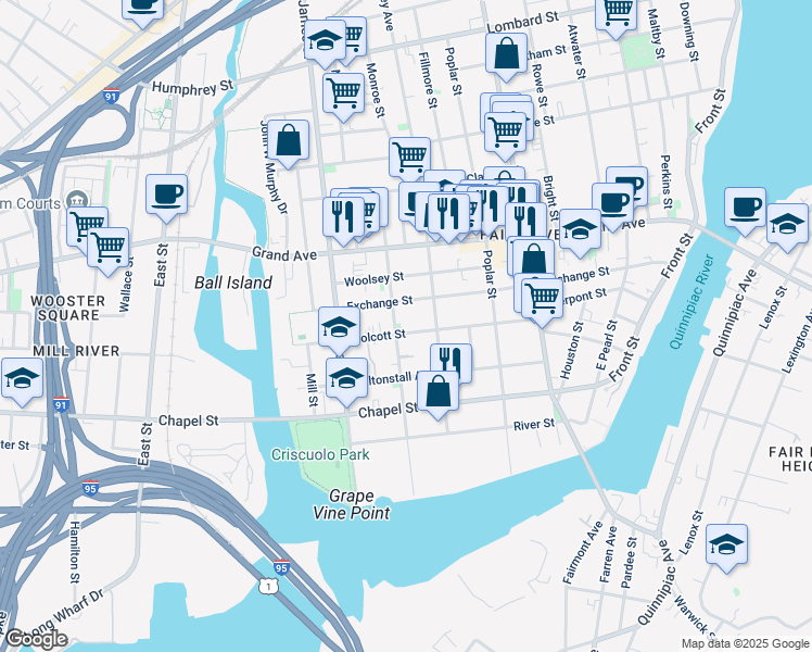 map of restaurants, bars, coffee shops, grocery stores, and more near 274 Exchange Street in New Haven