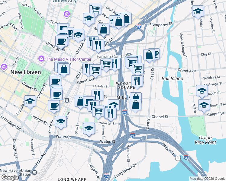 map of restaurants, bars, coffee shops, grocery stores, and more near 187 Saint John Street in New Haven