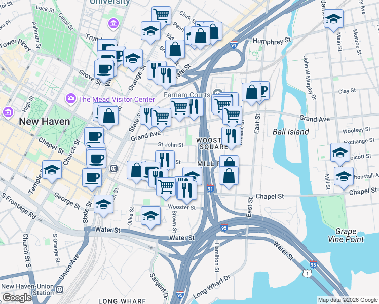 map of restaurants, bars, coffee shops, grocery stores, and more near 187 Saint John Street in New Haven