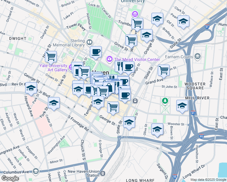 map of restaurants, bars, coffee shops, grocery stores, and more near 140 Church Street in New Haven