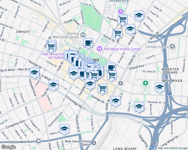 map of restaurants, bars, coffee shops, grocery stores, and more near 230 Temple Street in New Haven