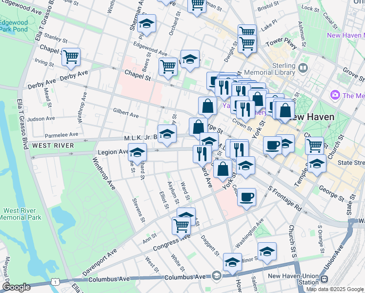 map of restaurants, bars, coffee shops, grocery stores, and more near 32 Dwight Street in New Haven
