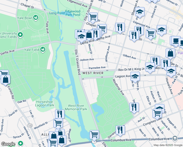 map of restaurants, bars, coffee shops, grocery stores, and more near in New Haven