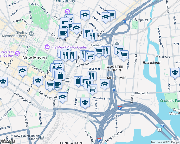 map of restaurants, bars, coffee shops, grocery stores, and more near 8 Hughes Place in New Haven