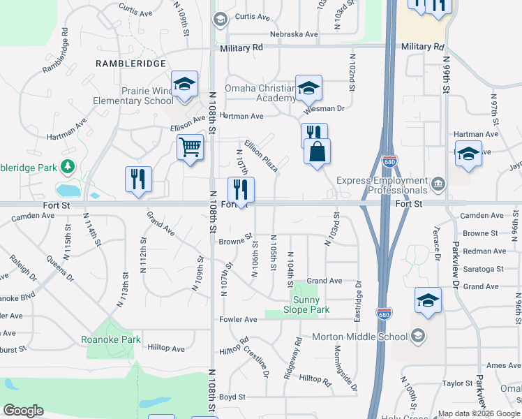 map of restaurants, bars, coffee shops, grocery stores, and more near 5306 North 105th Plaza in Omaha