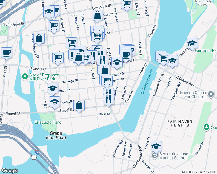 map of restaurants, bars, coffee shops, grocery stores, and more near 72 Pierpont Street in New Haven