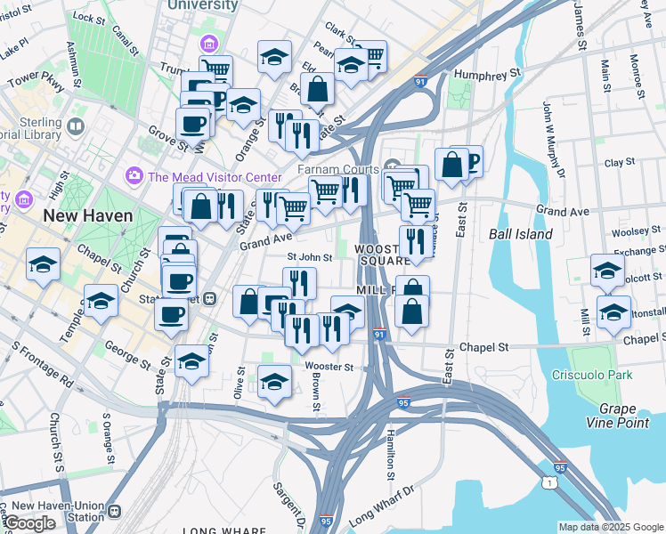 map of restaurants, bars, coffee shops, grocery stores, and more near 241 Saint John Street in New Haven