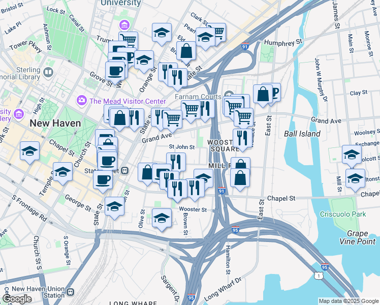 map of restaurants, bars, coffee shops, grocery stores, and more near 241 Saint John Street in New Haven