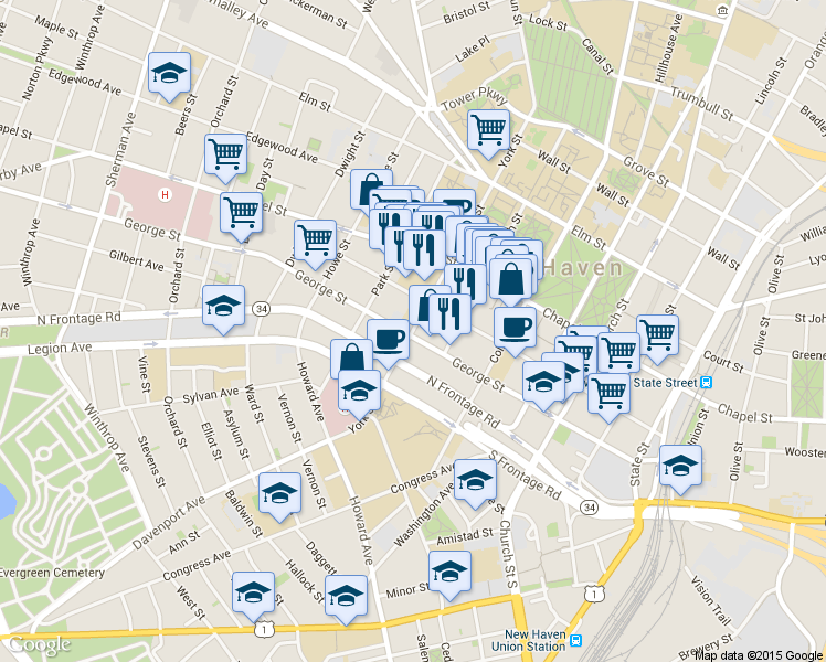 map of restaurants, bars, coffee shops, grocery stores, and more near 100 York Street in New Haven