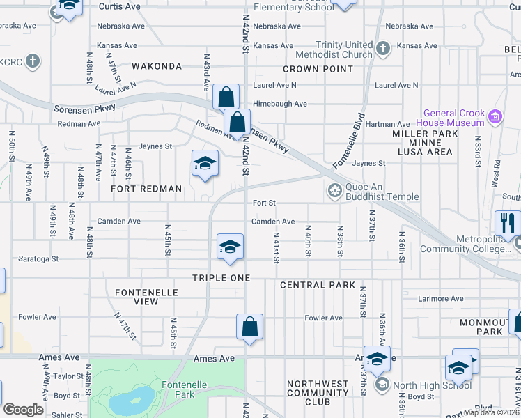 map of restaurants, bars, coffee shops, grocery stores, and more near 4110 Fort Street in Omaha