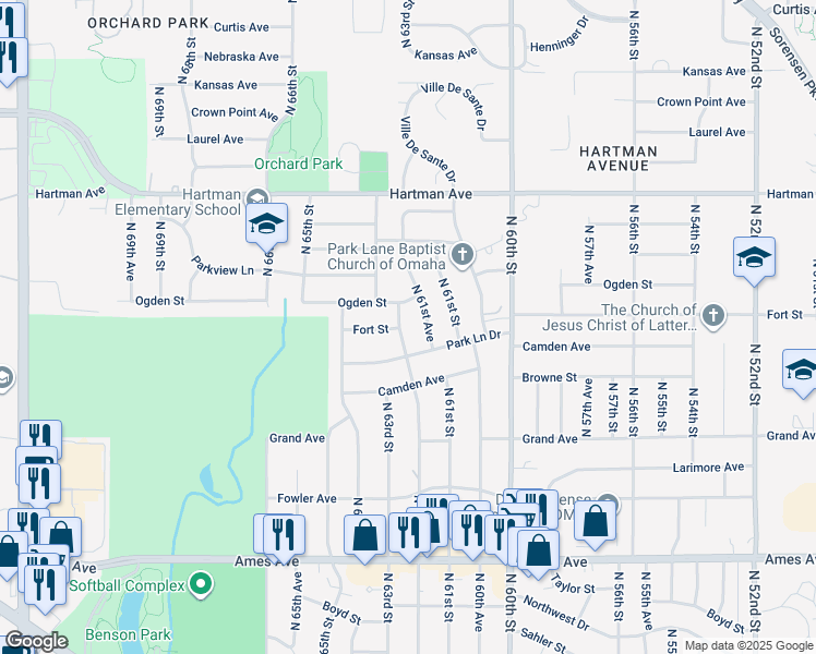 map of restaurants, bars, coffee shops, grocery stores, and more near 6167 Ogden Street in Omaha