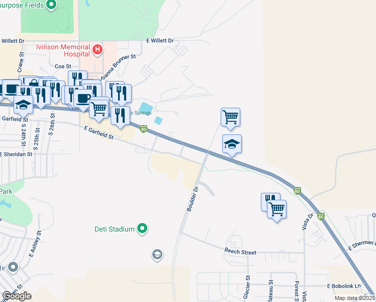 map of restaurants, bars, coffee shops, grocery stores, and more near 3692 Grand Avenue in Laramie