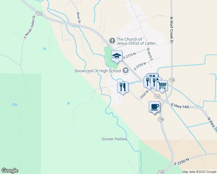 map of restaurants, bars, coffee shops, grocery stores, and more near 4670 East 2650 North in Eden