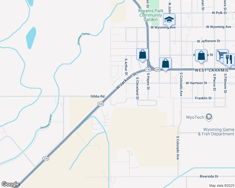 map of restaurants, bars, coffee shops, grocery stores, and more near 2768 West Jackson Street in Laramie