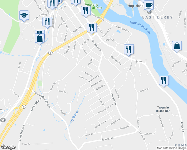 map of restaurants, bars, coffee shops, grocery stores, and more near 9 Milne Avenue in Shelton