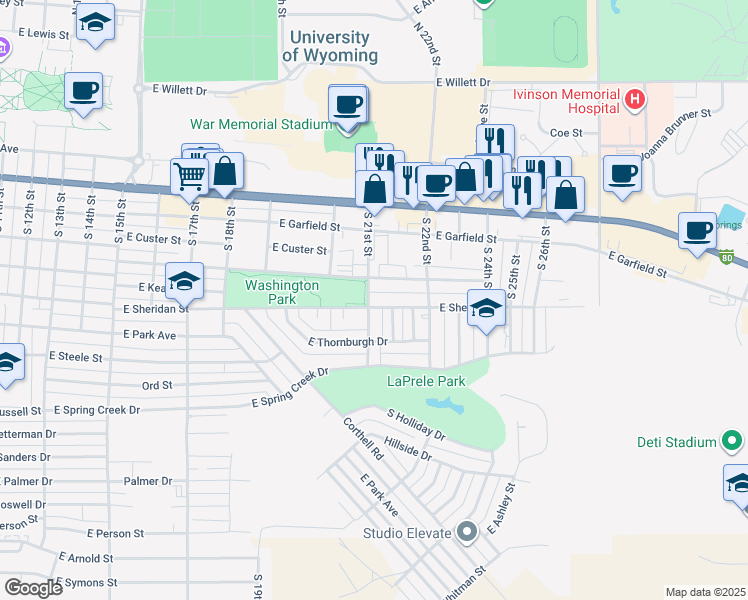 map of restaurants, bars, coffee shops, grocery stores, and more near 2104 East Rainbow Avenue in Laramie