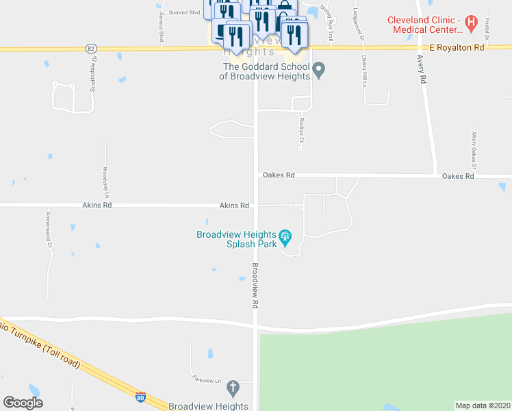 map of restaurants, bars, coffee shops, grocery stores, and more near 1000 Akins Road in Broadview Heights