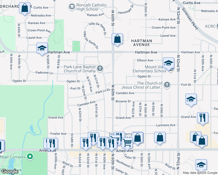 map of restaurants, bars, coffee shops, grocery stores, and more near 6006 Park Lane Drive in Omaha