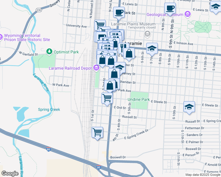 map of restaurants, bars, coffee shops, grocery stores, and more near 750 South 3rd Street in Laramie