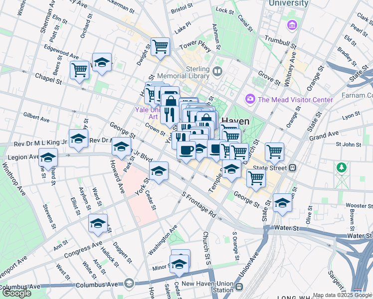 map of restaurants, bars, coffee shops, grocery stores, and more near 20 York Street in New Haven