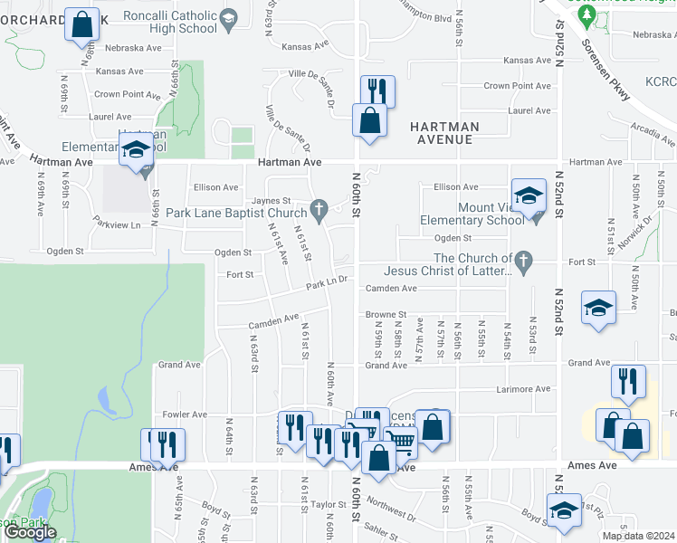 map of restaurants, bars, coffee shops, grocery stores, and more near 5205 North 60th Avenue in Omaha