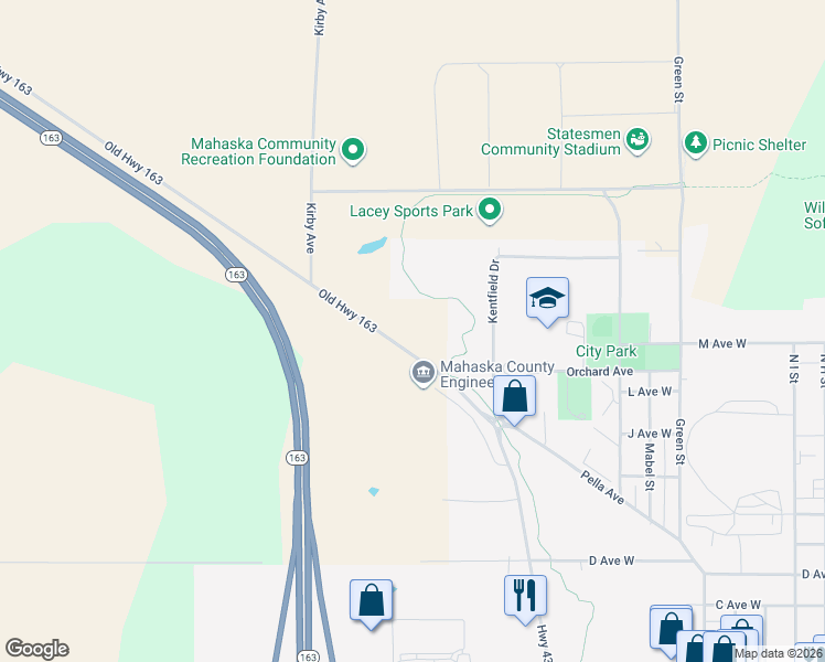 map of restaurants, bars, coffee shops, grocery stores, and more near 2007-2049 Old Highway 163 in Oskaloosa