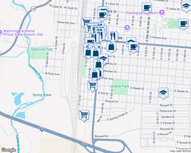 map of restaurants, bars, coffee shops, grocery stores, and more near 701-711 South 3rd Street in Laramie