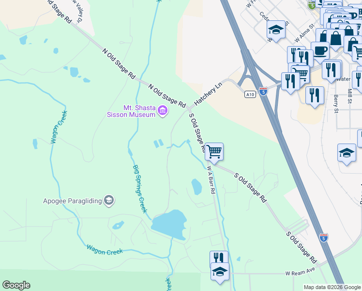 map of restaurants, bars, coffee shops, grocery stores, and more near 18 South Old Stage Road in Mount Shasta