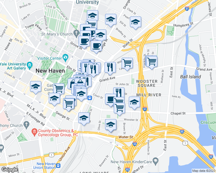 map of restaurants, bars, coffee shops, grocery stores, and more near 146 Olive Street in New Haven