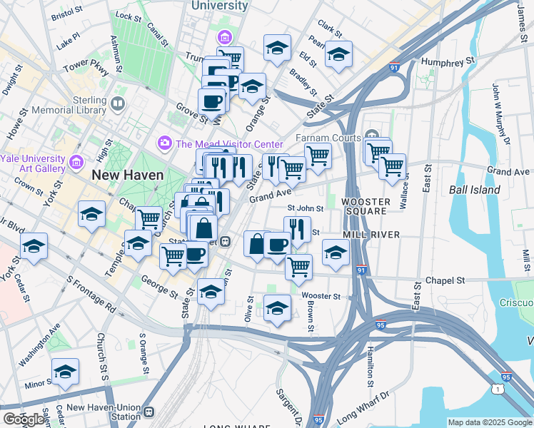 map of restaurants, bars, coffee shops, grocery stores, and more near 146 Olive Street in New Haven