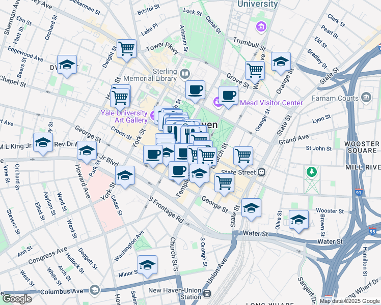 map of restaurants, bars, coffee shops, grocery stores, and more near 990 Chapel Street in New Haven
