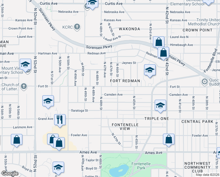 map of restaurants, bars, coffee shops, grocery stores, and more near 5305 North 47th Street in Omaha