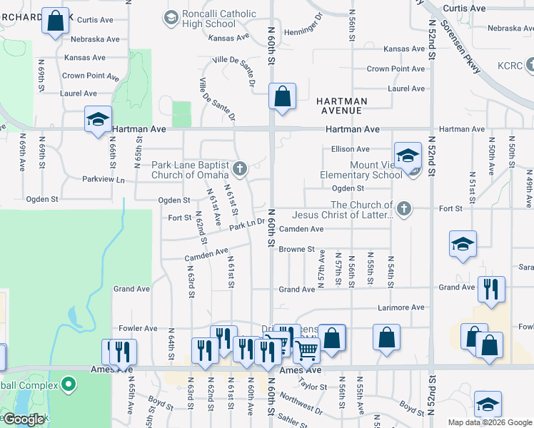 map of restaurants, bars, coffee shops, grocery stores, and more near 5204 North 60th Street in Omaha