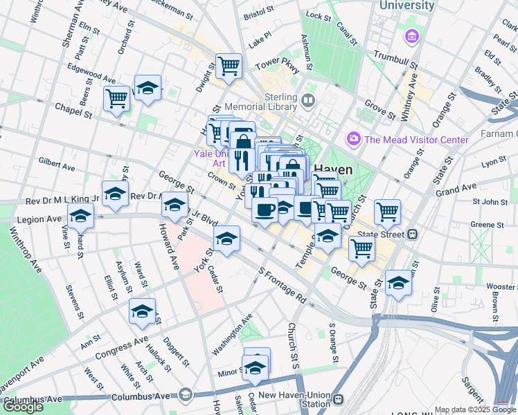 map of restaurants, bars, coffee shops, grocery stores, and more near 18 High Street in New Haven