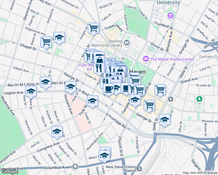 map of restaurants, bars, coffee shops, grocery stores, and more near 280 Crown Street in New Haven