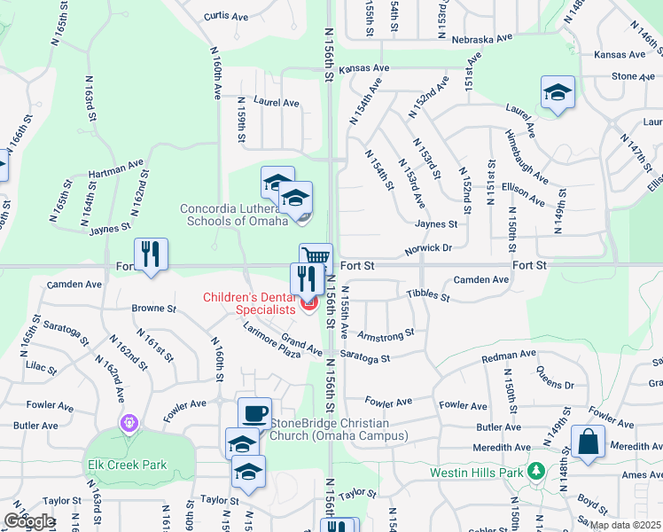 map of restaurants, bars, coffee shops, grocery stores, and more near Fort St & N 156th St in Omaha