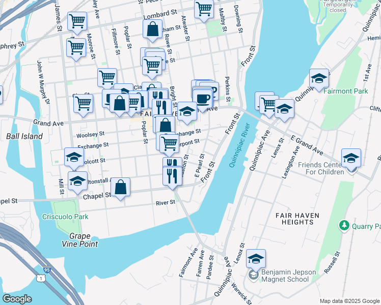 map of restaurants, bars, coffee shops, grocery stores, and more near 40 Pierpont Street in New Haven