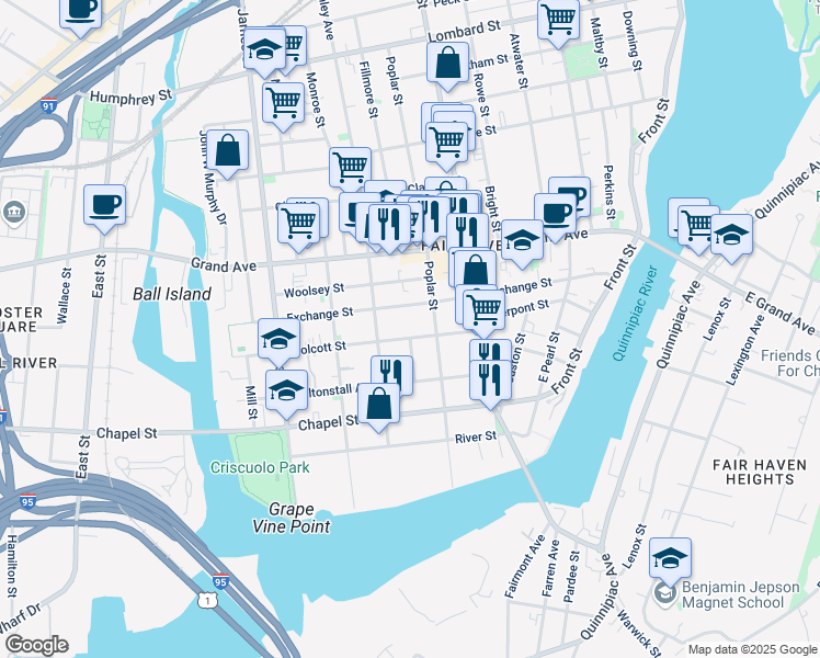 map of restaurants, bars, coffee shops, grocery stores, and more near 188 Poplar Street in New Haven